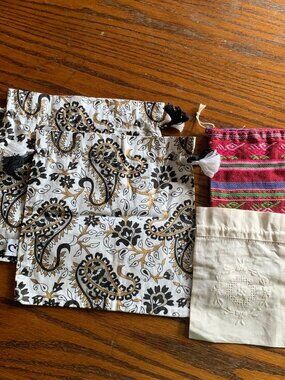 Set of 4 Reusable Gift Pouches Drawstring Cotton Bags Hand Woven Embr. Printed